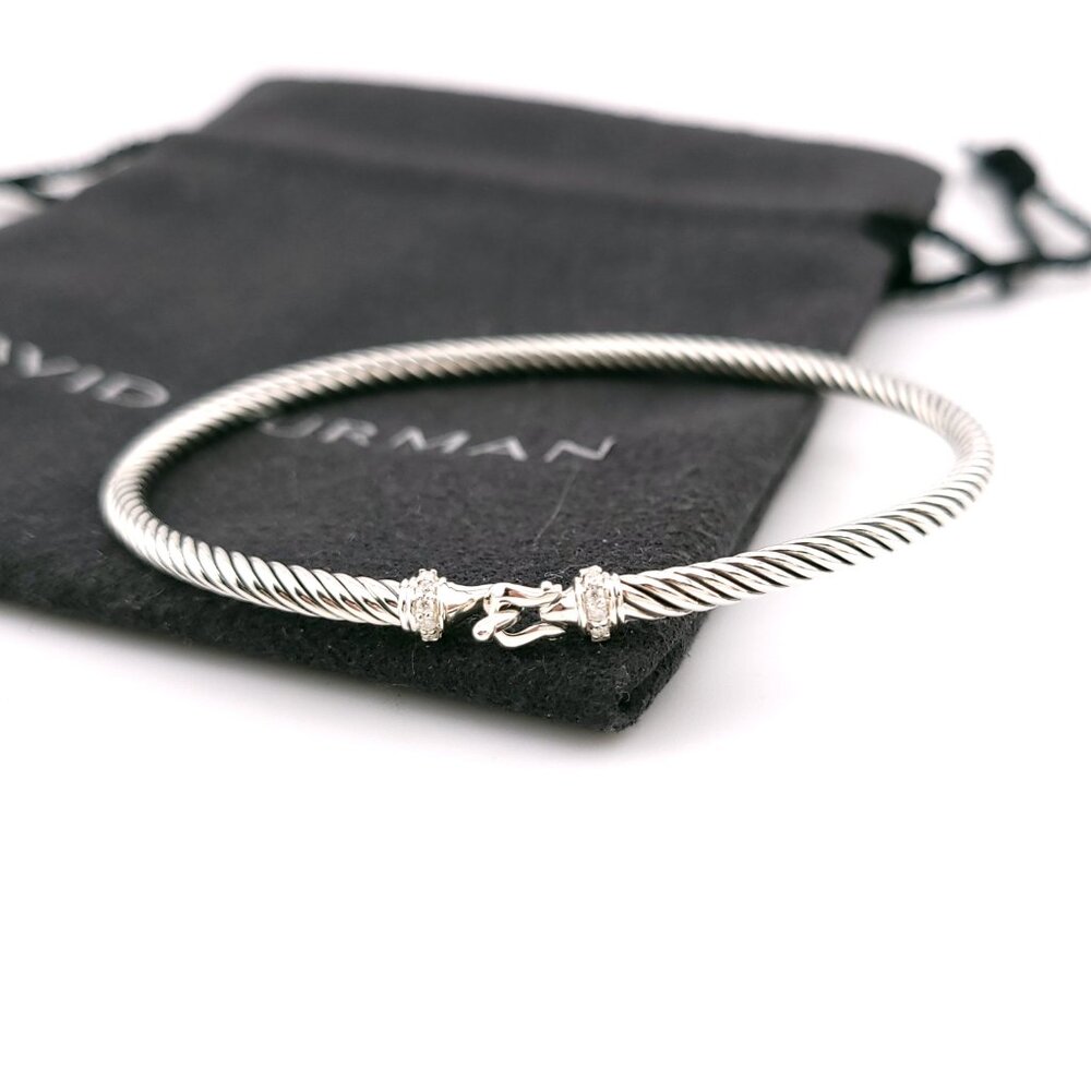David Yurman Sterling Silver Classis Cable 3mm Diamond Buckle Bangle Bracelet